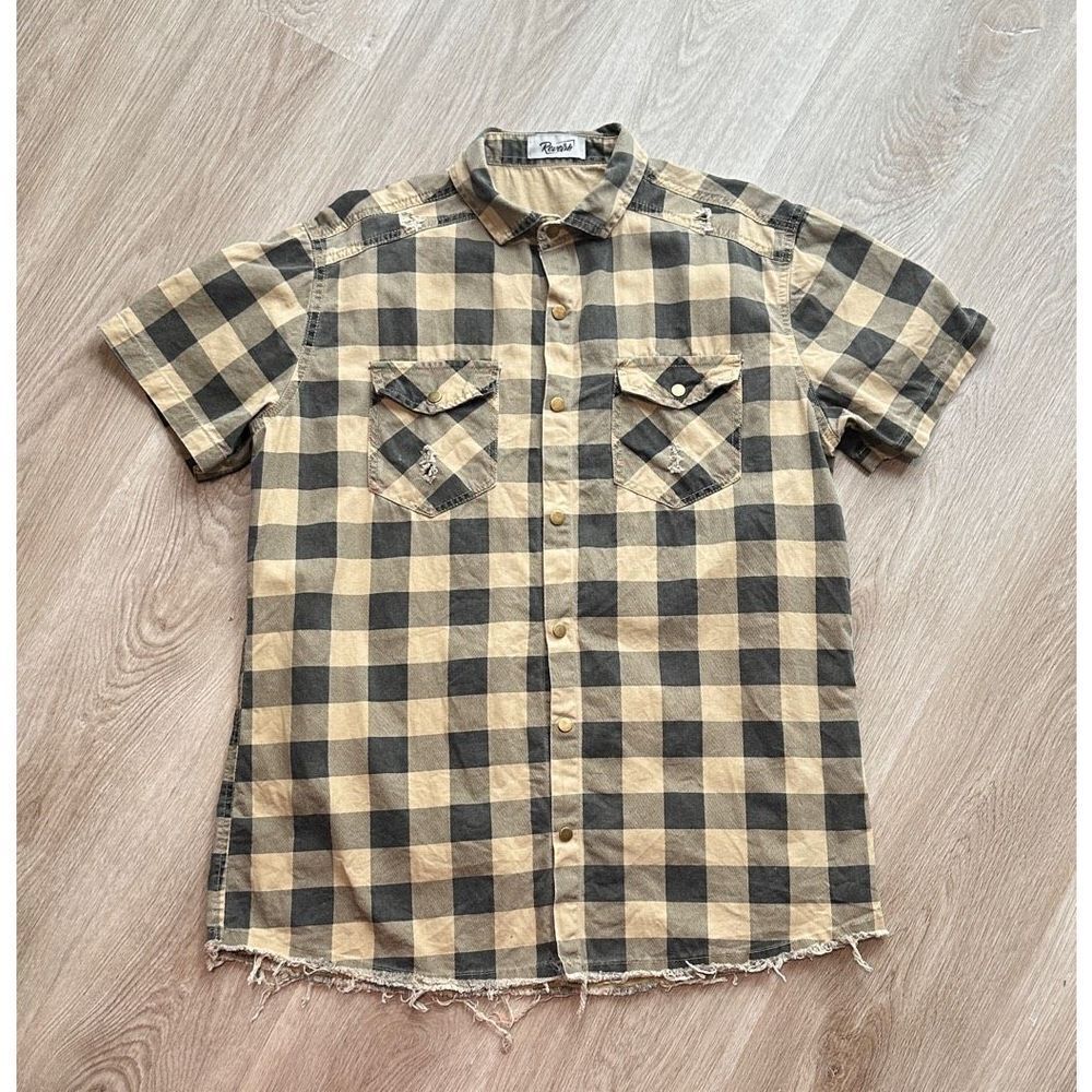 REVERB Men’s Raw Edge Denim Button Up Shirt Short Sleeve Distressed Mika Sz M/L(